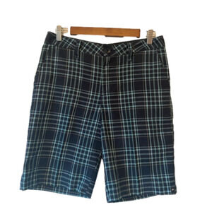Quicksilver Mens 30 Skater Flat Front Navy/Teal Plaid Beach Summer Travel Shorts